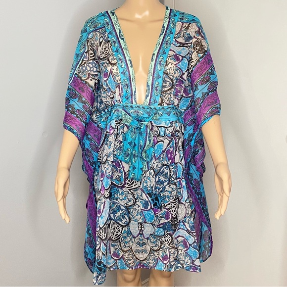 Vibrant Blue Turquoise and Purple Sheer Women's Swim Cover-Up Fits M/L - Picture 16 of 16